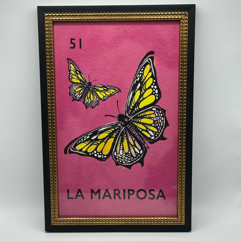 Sapna Shah La Mariposa Framed Wall Art Loteria Butterfly Pink Gold Black 12x18